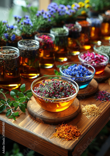 Bowl filled with herbal tea on a wooden table, surrounded by various herbs.
