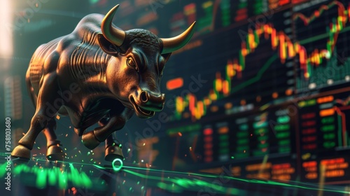 Bronze bull sculpture on stock market chart, symbolizing financial power and market optimism, concept of aggressive trading strategy and bullish stock market trend