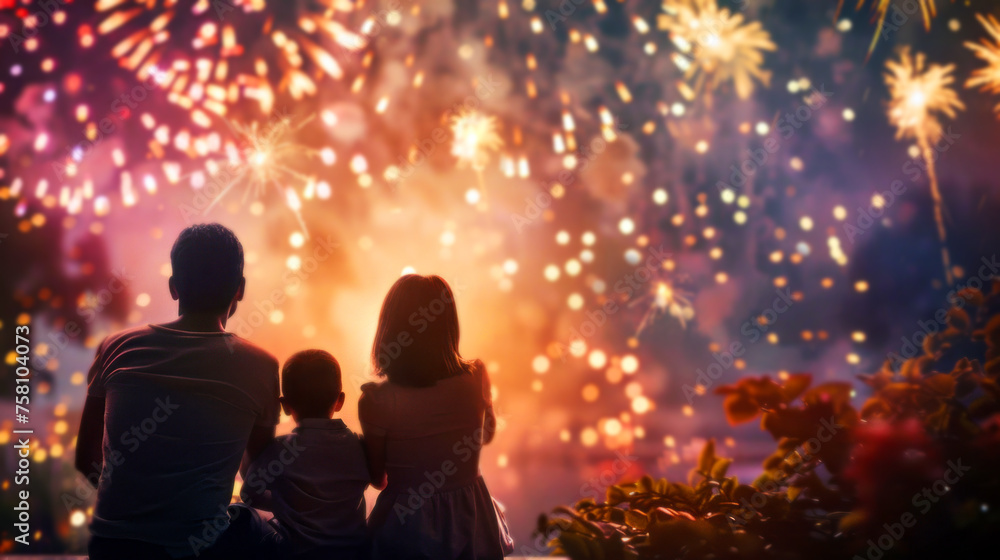 Family Watching Fireworks Together, Celebratory Moment and Magical Evening Family Watching Fireworks Together, Celebratory Moment and Magical Evening