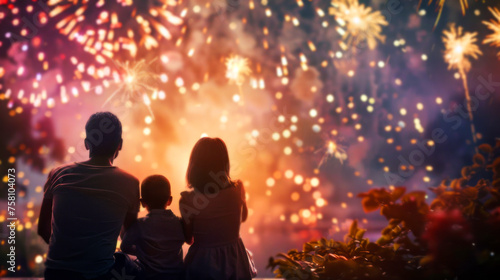 Family Watching Fireworks Together, Celebratory Moment and Magical Evening