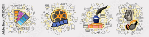 Set of creative personal talent. Collection of singing and musical production, visual art, poetry and literature, film creation. Concept of art masterpieces in different genres. Vector illustration