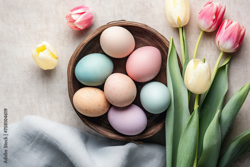 Modern Easter flat lay. Beautiful easter eggs in plate, blooming flowers and napkin on table. Pastel Easter wallpaper, holiday banner. Happy Easter. Generated ai Modern Easter flat lay. Beautiful easter eggs in plate, blooming flowers and napkin on table. Pastel Easter wallpaper, holiday banner. Happy Easter. Generated ai