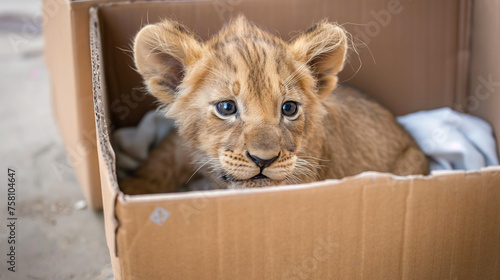 Filhote de leão verde dentro de uma caixa de papelão