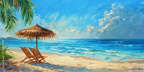 A tropical getaway scene featuring a beach umbrella and a lounge chair, surrounded by the beauty of nature with the calm sea stretching to the horizon, inviting you to unwind and escape into paradise.