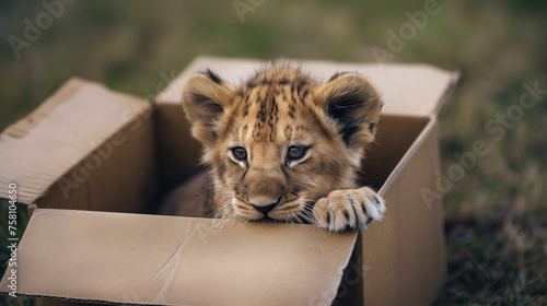 Filhote de leão verde dentro de uma caixa de papelão photo