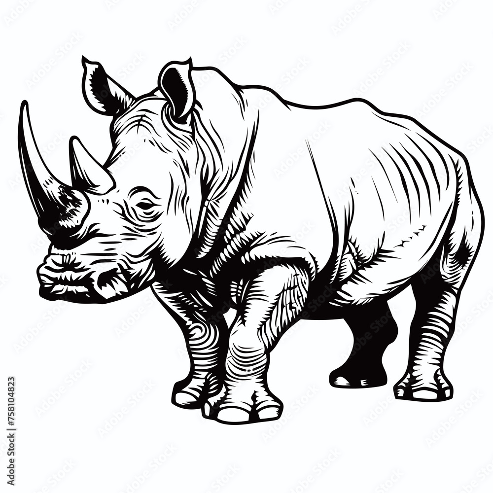 Black and white illustration of a rhinoceros on white background