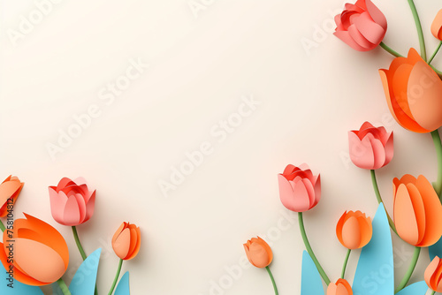 Beautiful blooming spring flowers paper cutouts flat lay. Modern colorful floral card, red tulips on green background. Spring banner. Happy Mothers day. Happy Womens day. Generated ai illustration #758104812