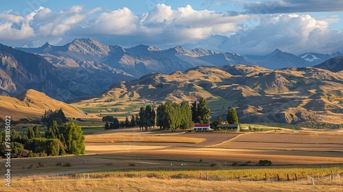 Scenic new zealand landscape: majestic mountains and farming scenery near queenstown