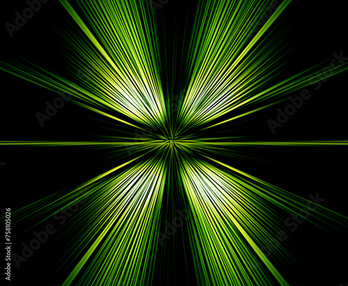 Abstract surface of radial blur zoom in green and yellow  tones on a black background. Glowing  background with radial diverging converging lines.