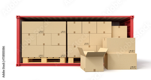 3d rendering of red open side shipping container full of cardboard packages isolated on white background.