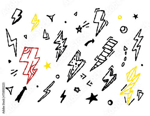 Sketch lightning. Thunder doodle, bolts electricity scribble elements. Isolated light or speed doodles graphic design.