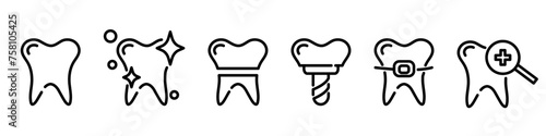 Tooth braces icon. Dental treatment set for web and mobile app. Tooth care symbols. Teeth implant sing. Oral diagnostic icon. Oral hygiene symbol. Orthodontic pictograms.
