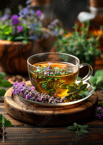 Bowl filled with herbal tea on a wooden table, surrounded by various herbs.