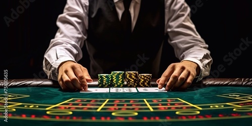 The croupier at the gaming table in the casino, raises bets with chips. Gaming business black jack, poker. With space for design.