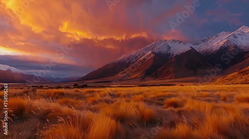 Vibrant sunset mountain landscape: majestic peaks aglow in nature's beauty