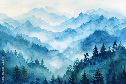 Serene watercolor of majestic mountains