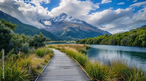 Scenic queenstown: majestic mountains and boardwalk on new zealand's stunning trail