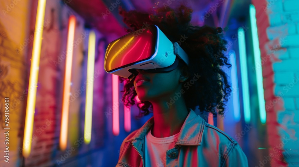 Young woman experiencing virtual reality in a neon-lit urban setting, Concept of futuristic entertainment and immersive technology