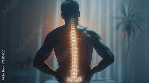 Touching painful back suffering from spine pain due to osteoporosis, degeneration