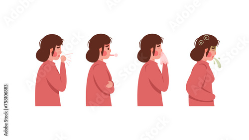 An illustrated collection of women who have health problems. dizziness, nausea, vomiting, cough, fever, flu or cold. sick woman. diseases and symptoms. Illustration character design. graphic elements