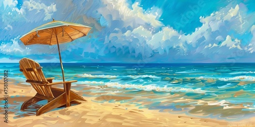 An inviting beach scene with a sun umbrella and a comfortable chair, set against the backdrop of turquoise waters and golden sand, perfect for relaxation and enjoying the tropical paradise.