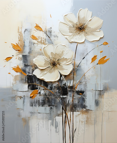 Oil and acrylic painting, abstract painting white flowers with textures.