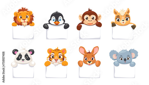 Cute baby animals holding blank template banners for diary, memo, planner, to do listbook, notebook, paper cards, notes, stickers, labels.