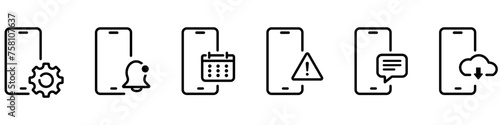 Set of smartphone application notification icons. Phone settings up, agenda reminder, error alert, sms chat, cloud memory vector symbols. Thin vector mobile download sign.