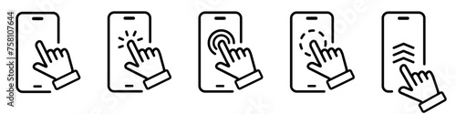 Touch screen phone line symbol. Tap on the phone display sign. Hand cursor icon. Swipe on a smartphone. Finger click pictogram.