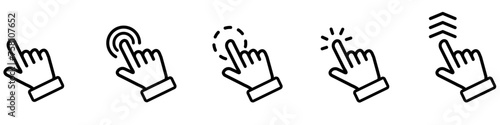 Hand cursor icon set for app. Finger swipe symbol. Cursor click web icon. Hand pointer sign. Tap the button symbol. Tap, hold and swipe pictogram. photo