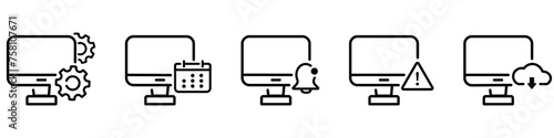 Pc notification icons set for web and app. Signs of computer repair, error notification, upload to cloud memory and web calendar.