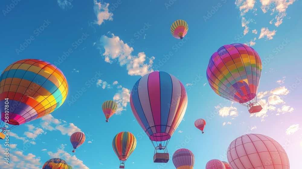 Obraz premium 3D hot air balloons rising in a clear, blue sky