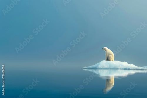 Lone polar bear on a shrinking ice floe in the vast blue ocean, gazing into the distance - Concept of wildlife vulnerability and climate change photo