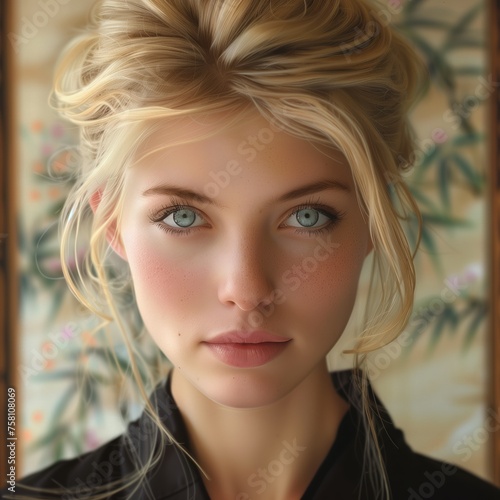 portrait of a japanesse woman, blue eyes, blonde hair photo
