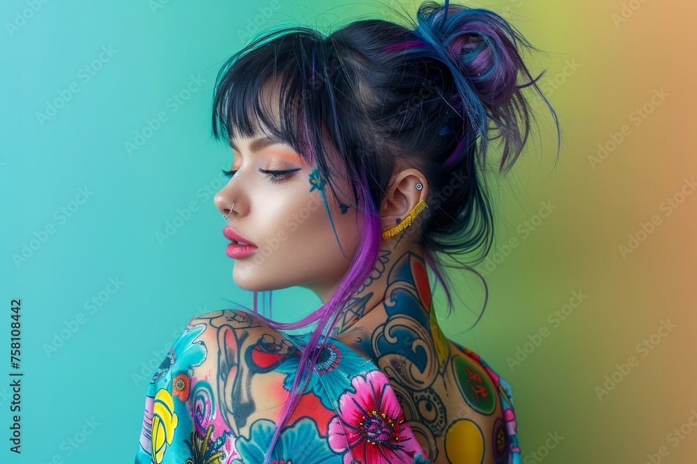 Stylish Young Woman with Colorful Tattoos Against Gradient Background Stylish Young Woman with Colorful Tattoos Against Gradient Background