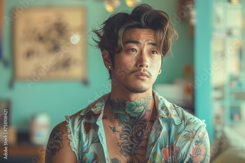 Stylish Tattooed Young Man with Classic Pompadour Hairstyle in a Vintage Setting photo