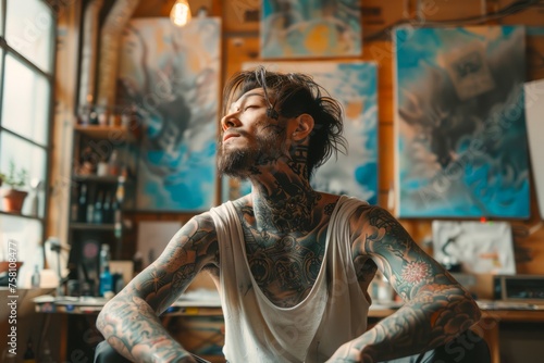Contemplative Tattooed Male Artist Sitting in a Creative Studio Environment Surrounded by Artwork