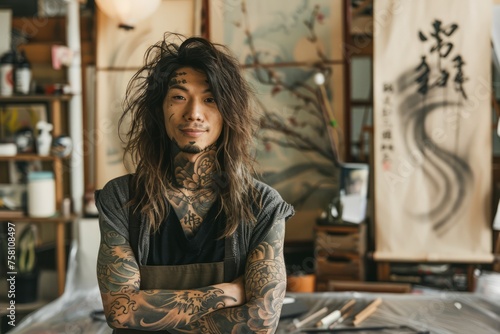 Confident Tattooed Asian Man with Long Hair Posing in Traditional Workshop with Calligraphy Artwork