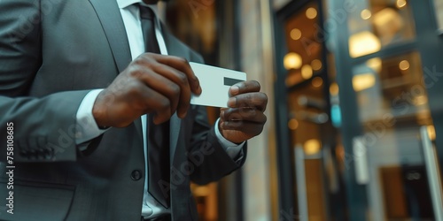 Young 35s businessman in elegant formal suit using pass card to open entrance automatic gates inside modern office building. Door access control keypad with keycard reader in contemporary workplace #758108685