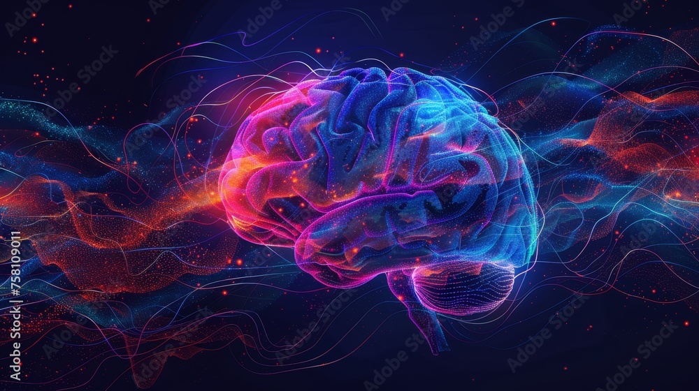 Neon brain illustration depicting neural activity,