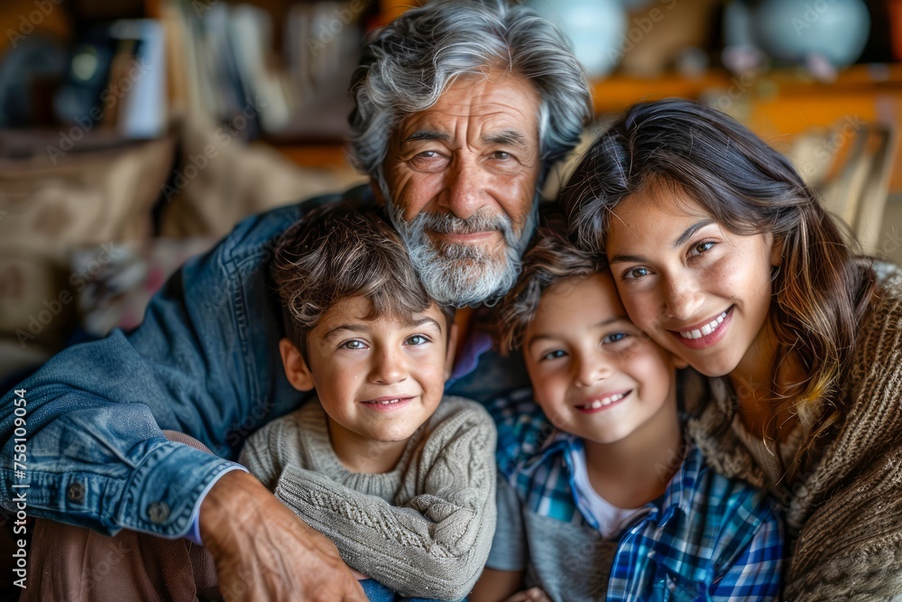 Happy Multigenerational Family Enjoying Time Together Indoors with Smiling Grandfather, Mother, and Kids Happy Multigenerational Family Enjoying Time Together Indoors with Smiling Grandfather, Mother, and Kids