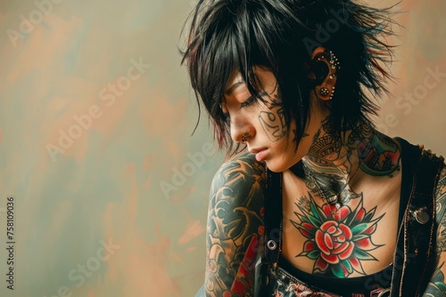 Stylish Tattooed Young Woman with Piercings Contemplating in Front of Rustic Backdrop photo