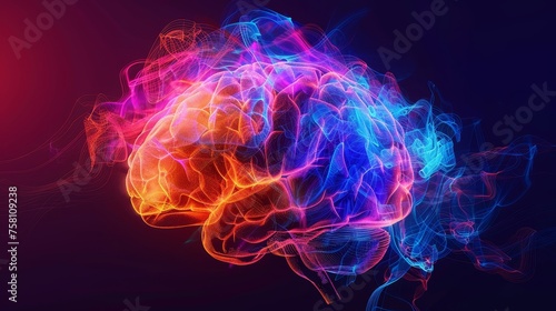 Neon brain illustration depicting neural activity,