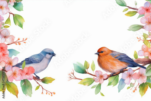 pair of love birds on a branch cute watercolor, pink flowers, watercolor isolated on transparent background, romantic illustration for your design card