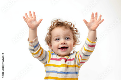 Happy funny child with raised hands, joyful. Isolated on a white background.