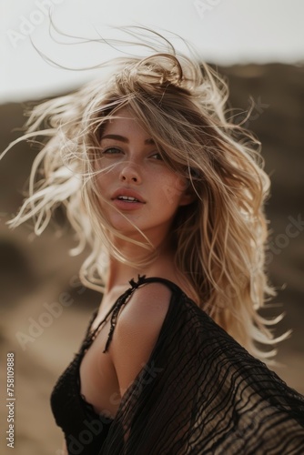 Beautiful Blonde Woman her hair is tousled and wild with playful expression wear black fabric cloth standing against natural rugged landscape created with Generative AI Technology