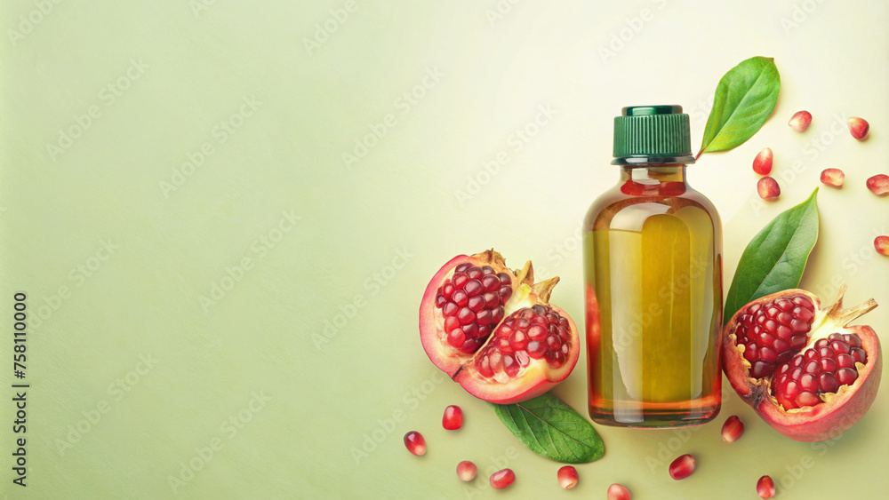 Pomegranate and Pomegranate Oil on Pastel Background with Copy Space
Pomegranate and Pomegranate Oil on Pastel Background with Copy Space