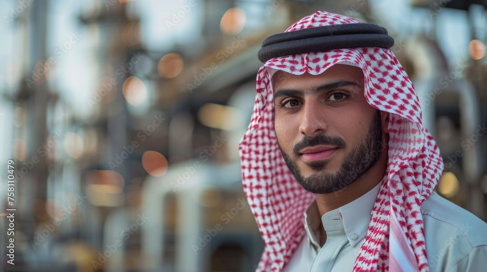 Modern arabic businessman with Petrochemical plant in background Modern arabic businessman with Petrochemical plant in background