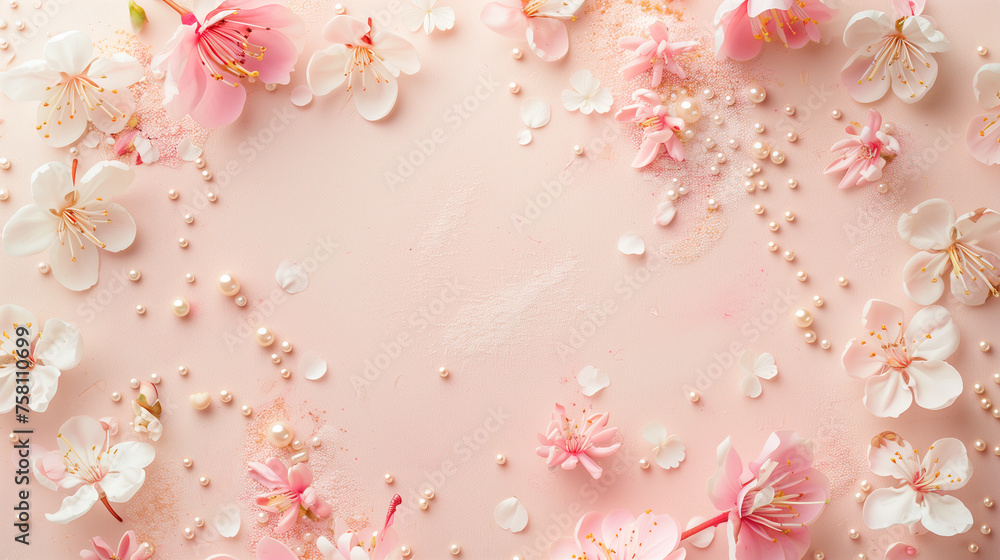 Pink Floral Frame with Pearls on Blush Background