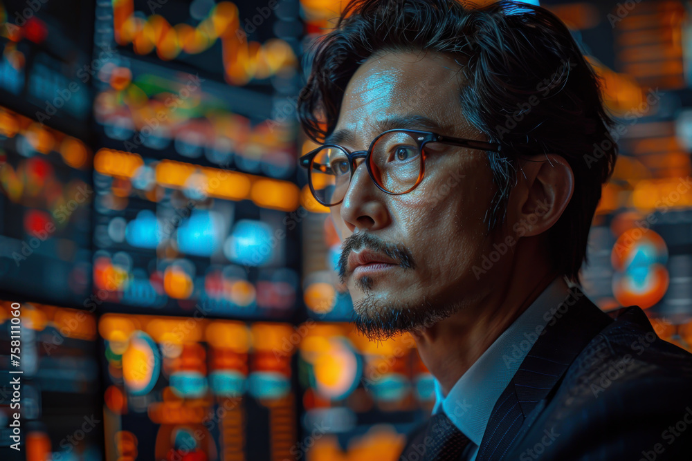 Business man trading currency and looking chart monitor abstract background. Generative ai.